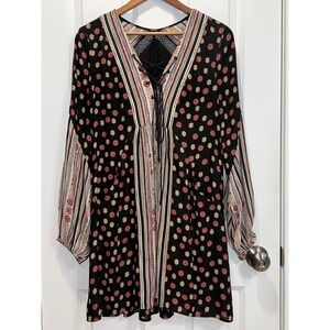 Free People Small Mixed Print Boho Mini Dress Black Floral V-Neck Balloon Sleeve